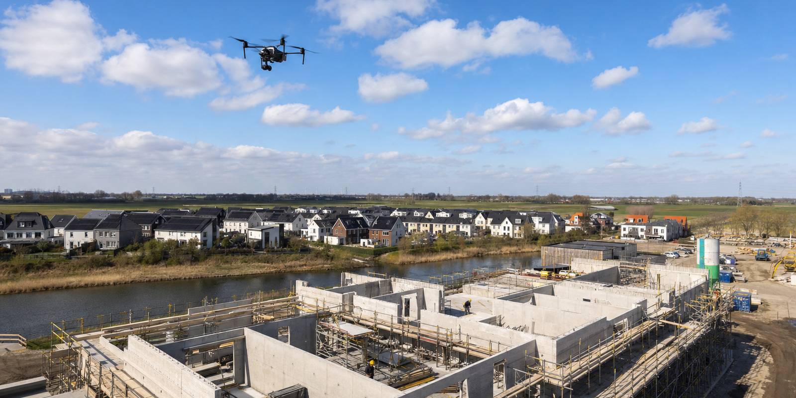 Inspectiedrone vliegt boven de betonnen constructie van een bouwplaats