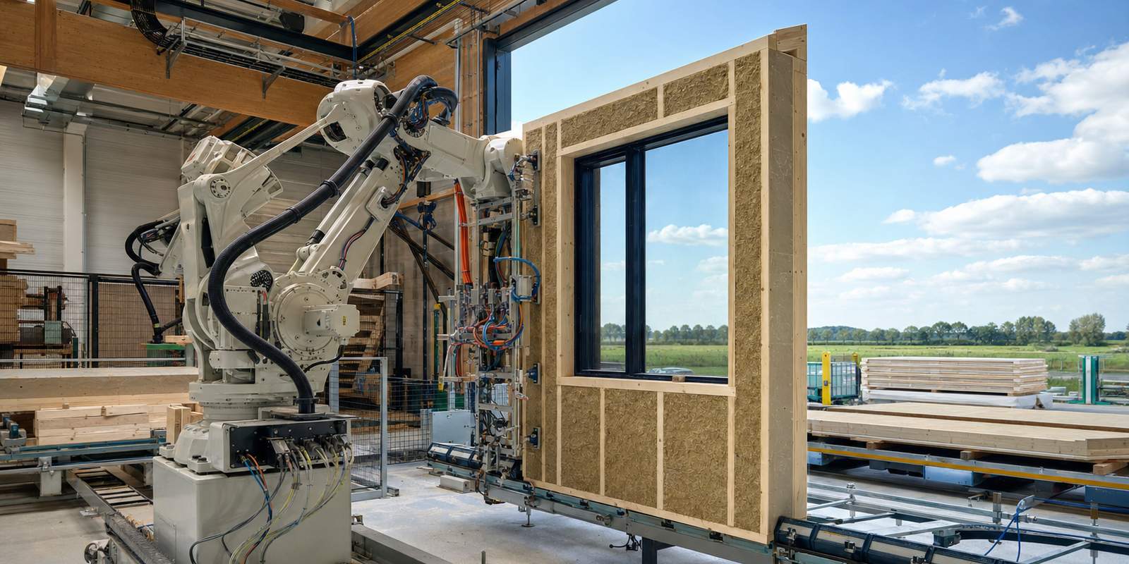 Robotarm assembleert een geprefabriceerd houten wandelement in een fabriekshal