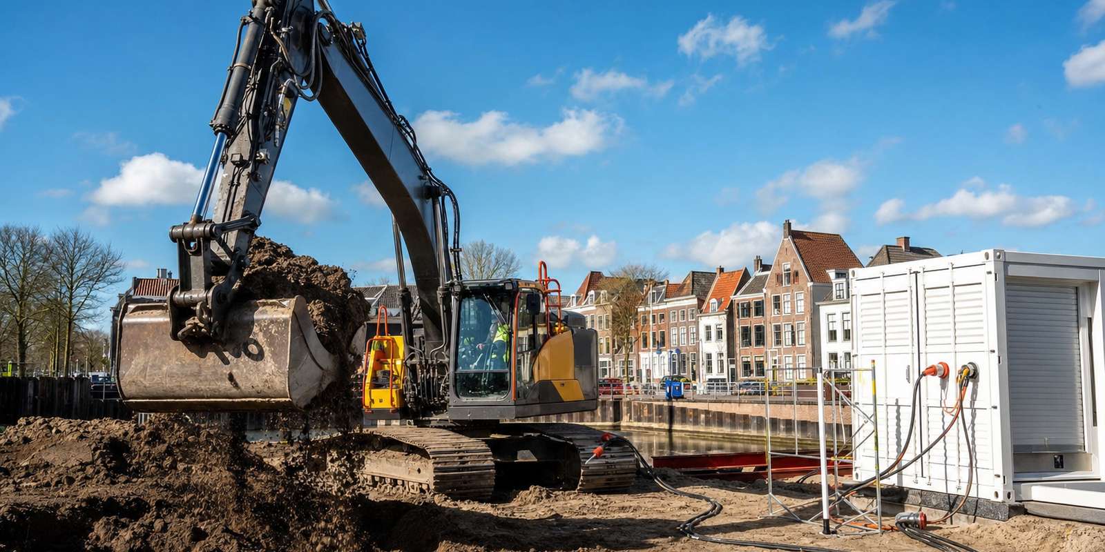Elektrische graafmachine op een bouwplaats met een batterijcontainer