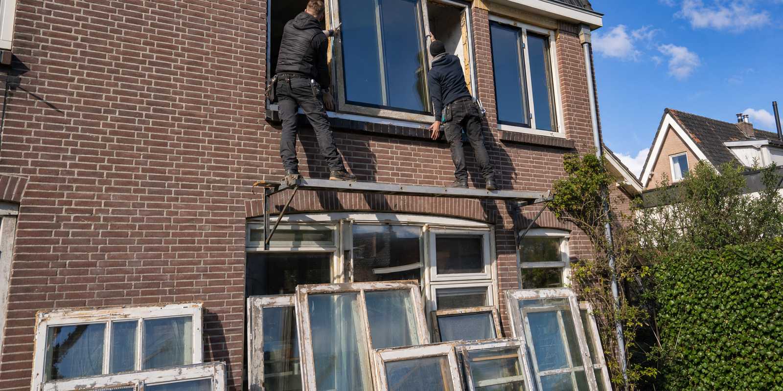 Monteurs plaatsen nieuwe drievoudige beglazing in een bakstenen woning