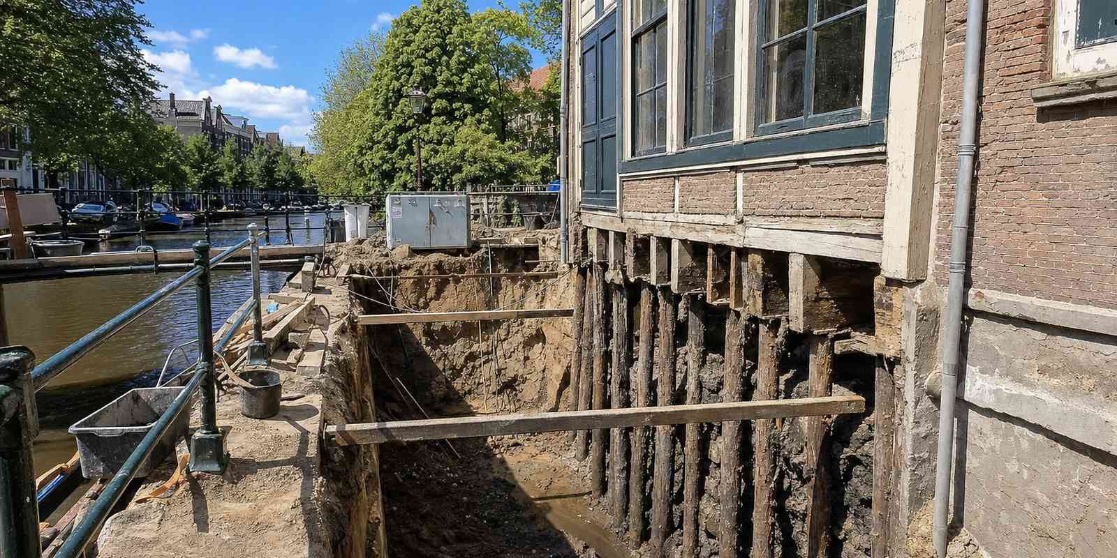 Uitgraving naast een grachtenpand legt de houten funderingspalen bloot
